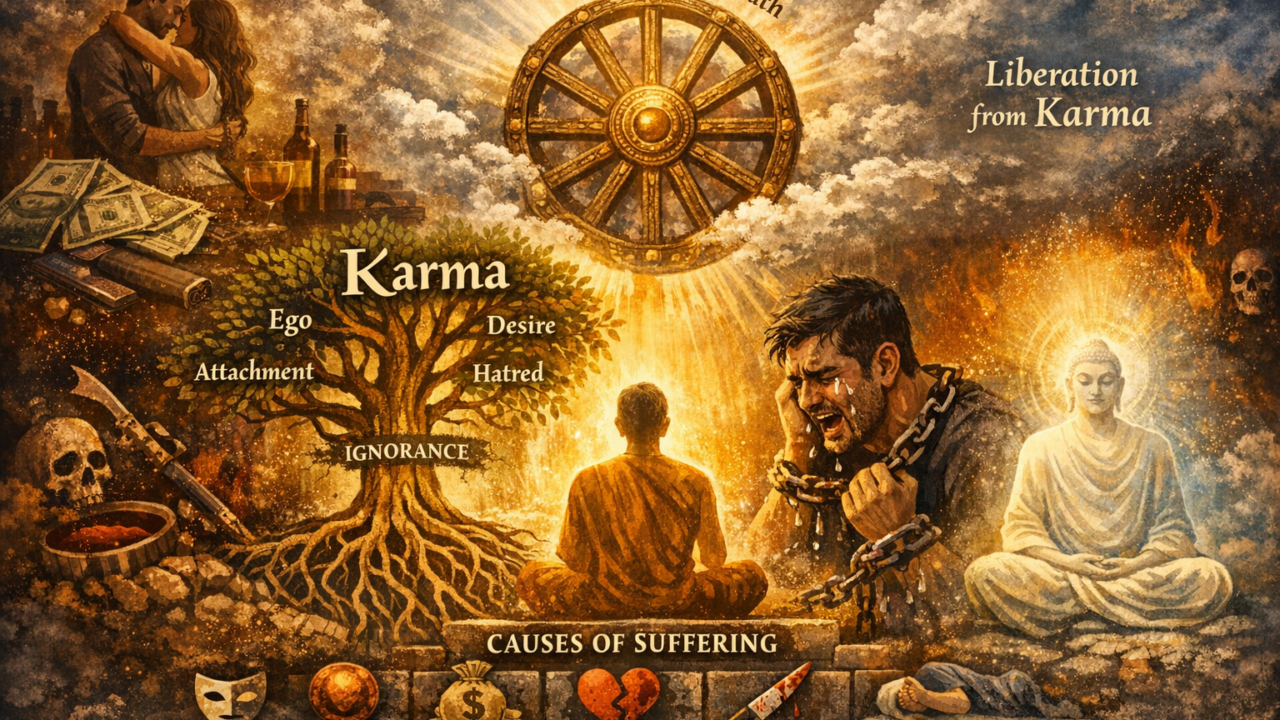 For what reason humans commit many karmas which make them cry? 